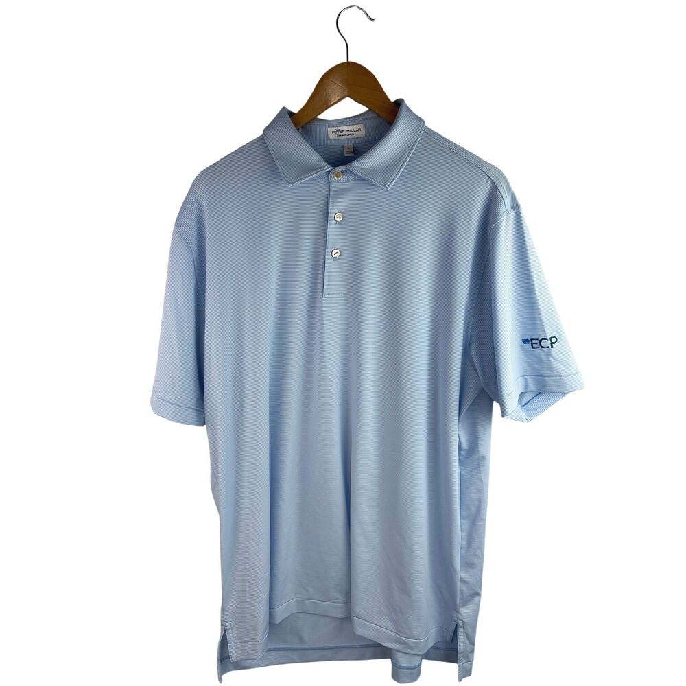 Peter Millar Men's Blue Striped Short Sleeve Button Collar Golf Polo Shirt Top L